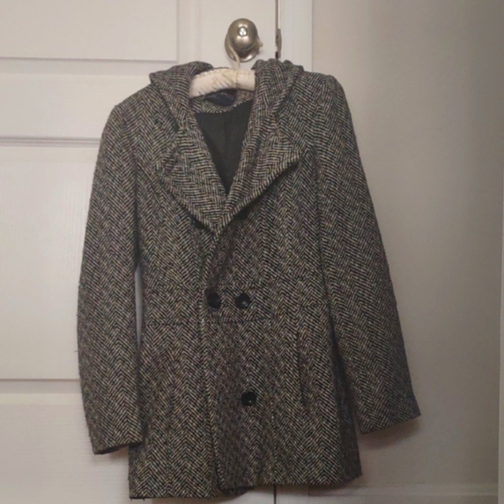 Anne Klein Black and White Herringbone Pea Coat